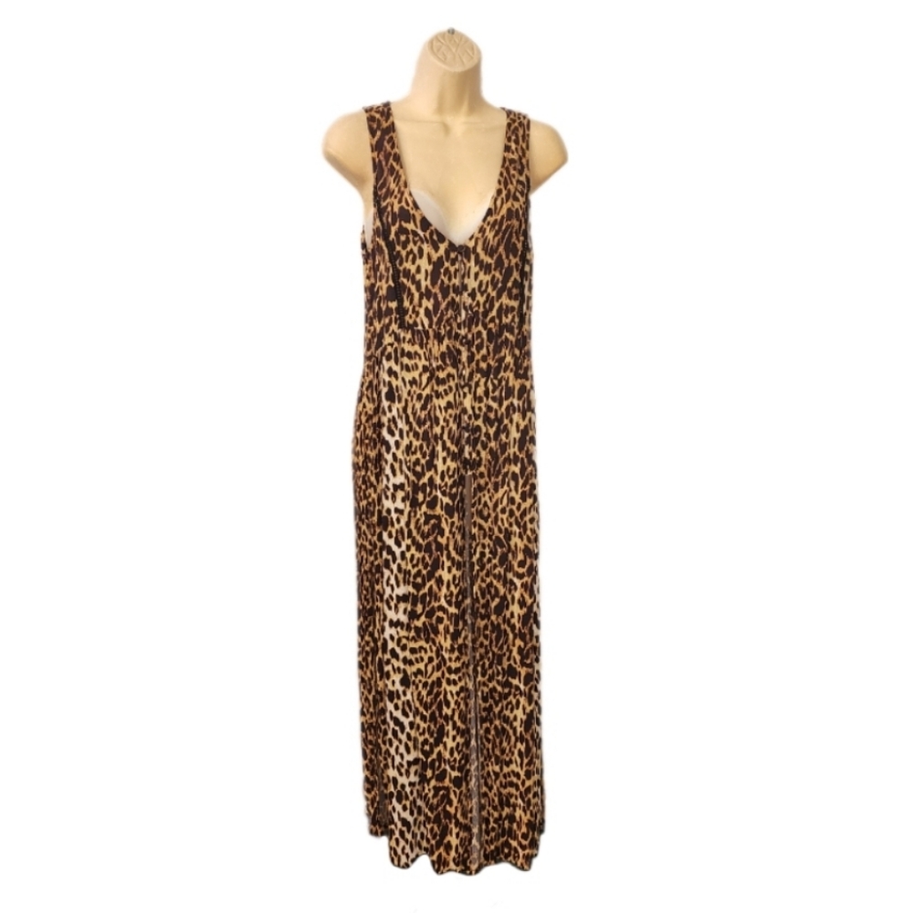 MINKPINK Dress Leopard Print 1/2 Button Down Slit Sides Loungewear Brown Size XS - Picture 3 of 16